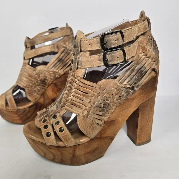 Bed Stu‎ Size 8 Cindy Brown Distressed Leather Platform Wood Heels Boho Shoes